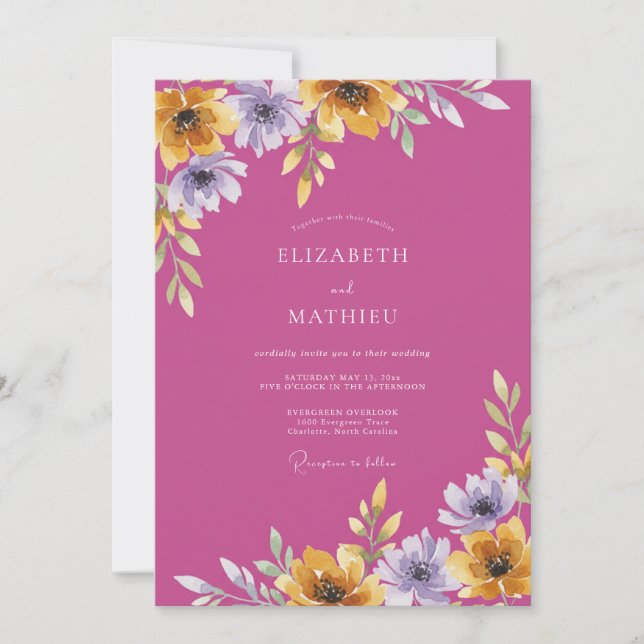 Invitation Mariage Fleur Sauvage Magenta Antique Or (Devant)
