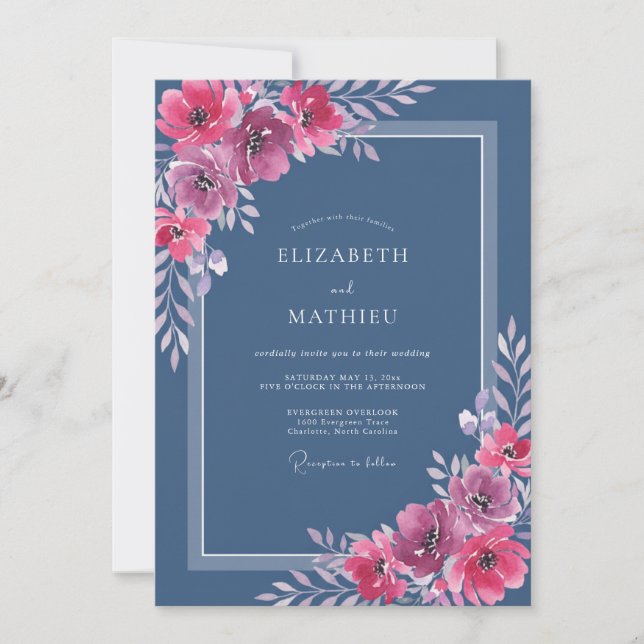 Invitation Mariage Fleur Sauvage Magenta Ardoise (Devant)