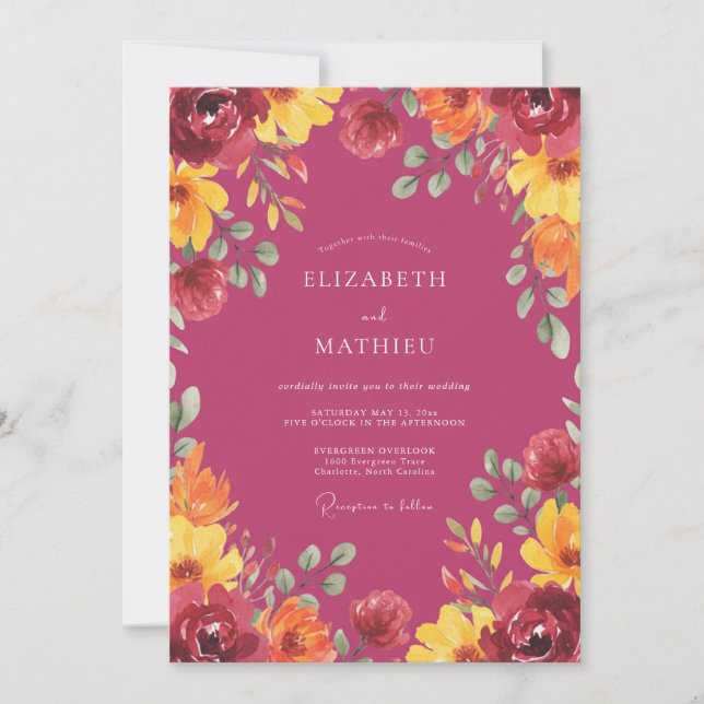 Invitation Mariage Fleur Sauvage Magenta Jaune (Devant)