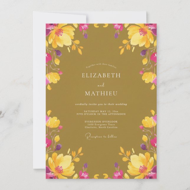 Invitation Mariage Fleur Sauvage Magenta Moutarde (Devant)