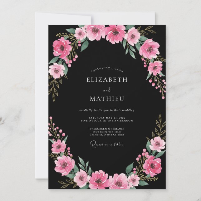 Invitation Mariage Fleur Sauvage Magenta Noir (Devant)