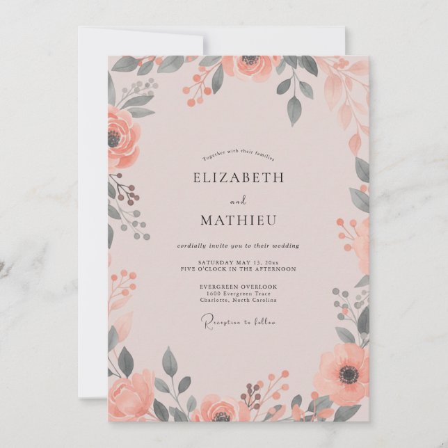 Invitation Mariage Fleur Sauvage Mauve Corail (Devant)