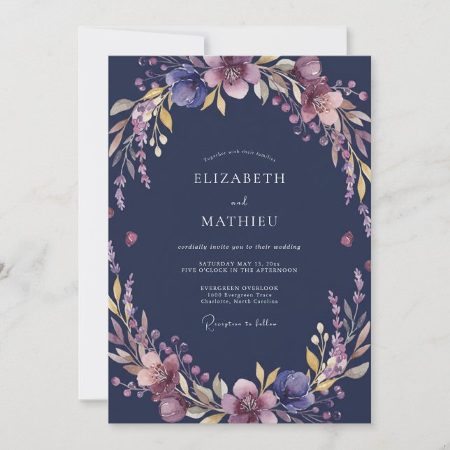 Invitation Mariage Fleur Sauvage Mauve de Minuit (Devant)