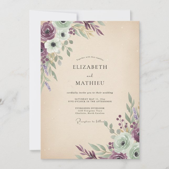 Invitation Mariage Fleur Sauvage Mauve Plum (Devant)