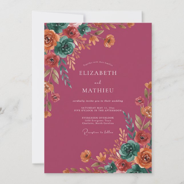 Invitation Mariage Fleur Sauvage Mauve Sable Teal (Devant)