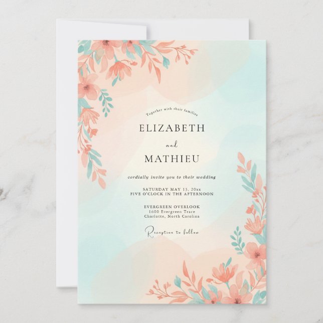Invitation Mariage Fleur Sauvage Menthe Abricot (Devant)
