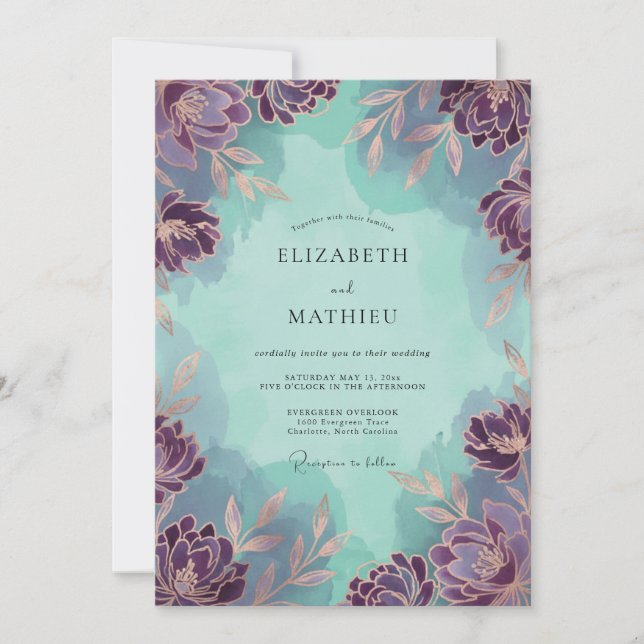 Invitation Mariage Fleur Sauvage Menthe Améthyste (Devant)