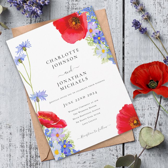 Invitation Mariage Fleur sauvage moderne bleu élégant (Colorful wildflower boho chic wedding invitation )
