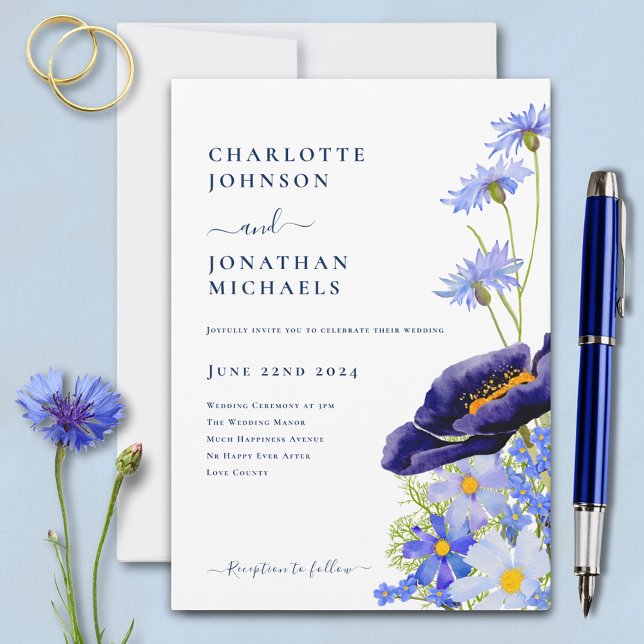 Invitation Mariage Fleur sauvage moderne bleu élégant (Boho chic blue wildflower wedding invitation with elegant typography script )
