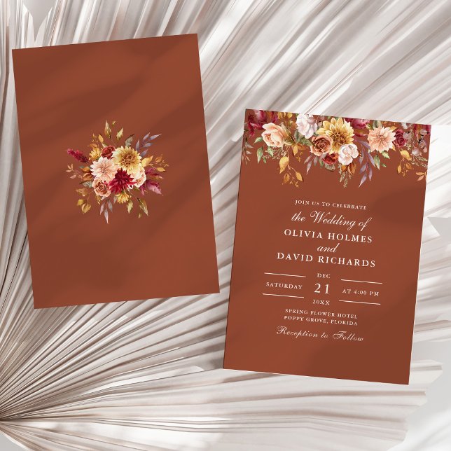 Invitation Mariage Fleur sauvage moderne Burange Orange (Modern Burnt Orange Terracotta Wildflowers Wedding Invitation on a sunny neutral dry palm leaf.)