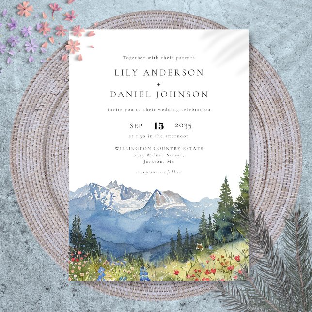 Invitation Mariage Fleur sauvage moderne Watercolor Mountain (Modern Watercolor Mountain Wildflower Wedding Invitation)