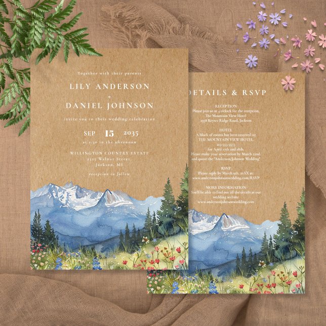 Invitation Mariage Fleur Sauvage Montagnard Aquarelle Rustiqu (Rustic Watercolor Mountain Wildflower Wedding Invitation)