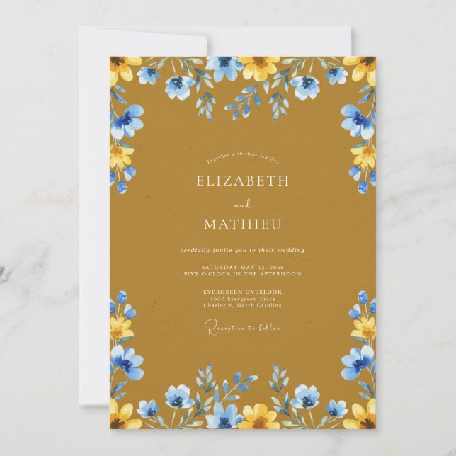 Invitation Mariage Fleur Sauvage Moutarde Azur (Devant)