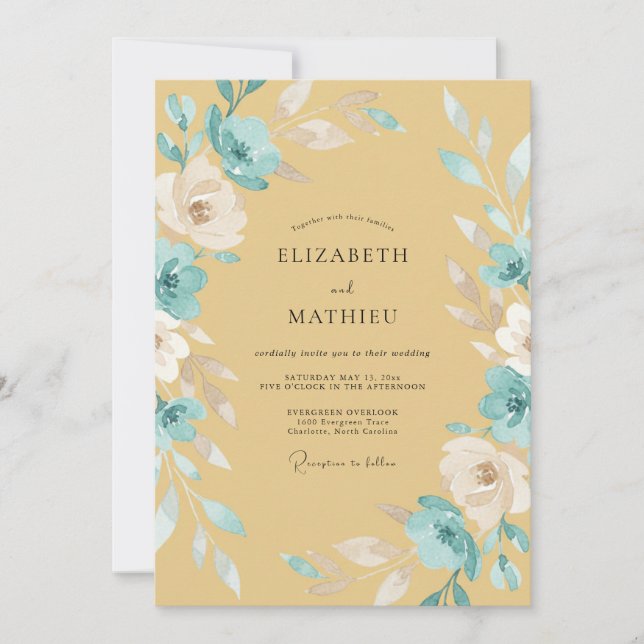 Invitation Mariage Fleur Sauvage Moutarde Cyan (Devant)