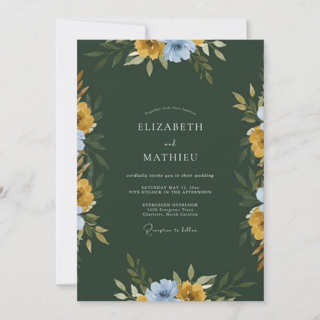 Invitation Mariage Fleur Sauvage Moutarde Forêt Sombre (Devant)