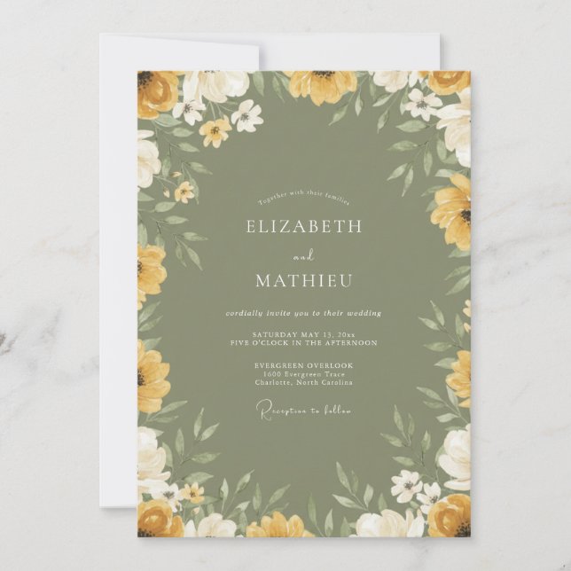 Invitation Mariage Fleur Sauvage Moutarde Olive (Devant)