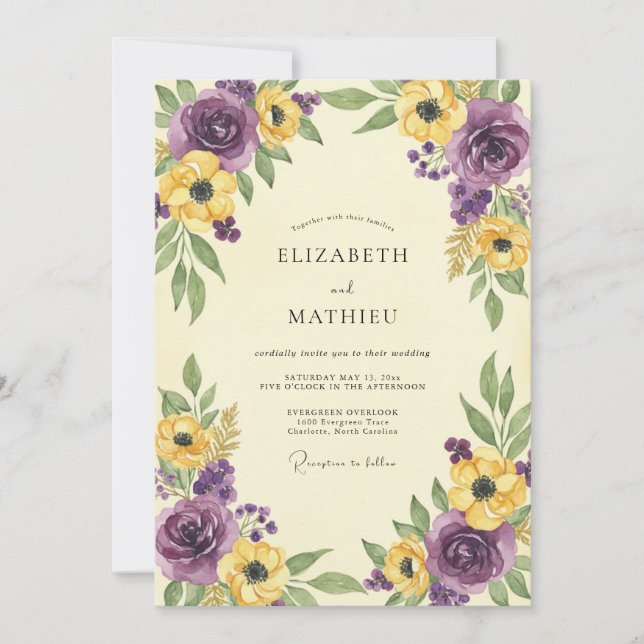 Invitation Mariage Fleur Sauvage Moutarde Prune (Devant)