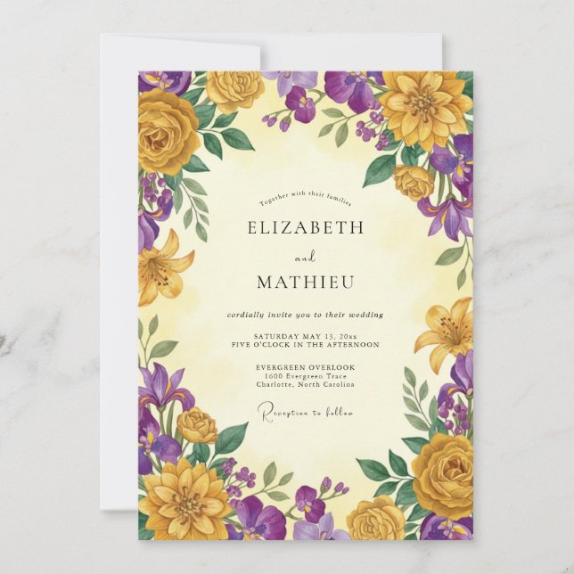 Invitation Mariage Fleur Sauvage Moutarde Violette (Devant)