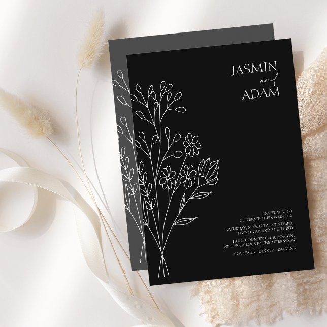 Invitation Mariage Fleur sauvage noir et blanc minimal (Créateur téléchargé)