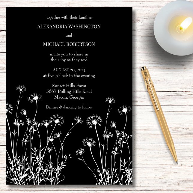Invitation Mariage Fleur sauvage noir et blanc moderne (Créateur téléchargé)