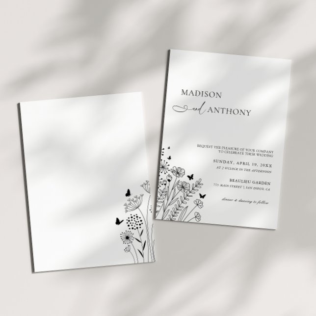 Invitation Mariage Fleur sauvage noir minimaliste (Créateur téléchargé)