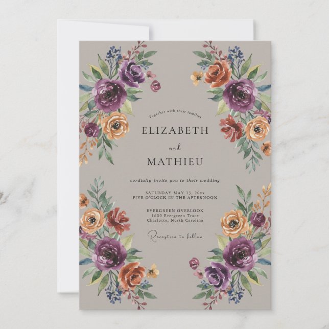 Invitation Mariage Fleur Sauvage Ocbre Prune (Devant)