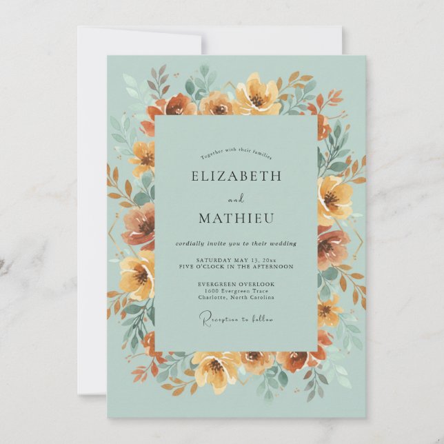 Invitation Mariage Fleur Sauvage Océan Aquarelle (Devant)