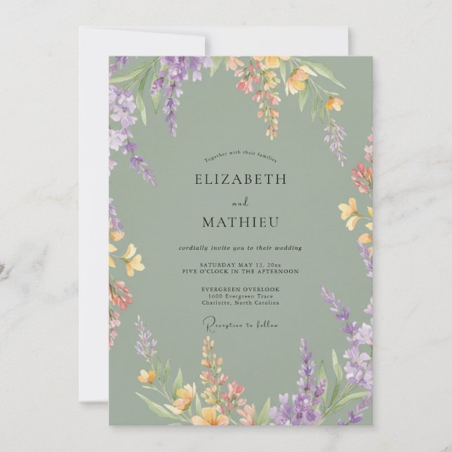 Invitation Mariage Fleur Sauvage Olive Dépoussiérée (Devant)