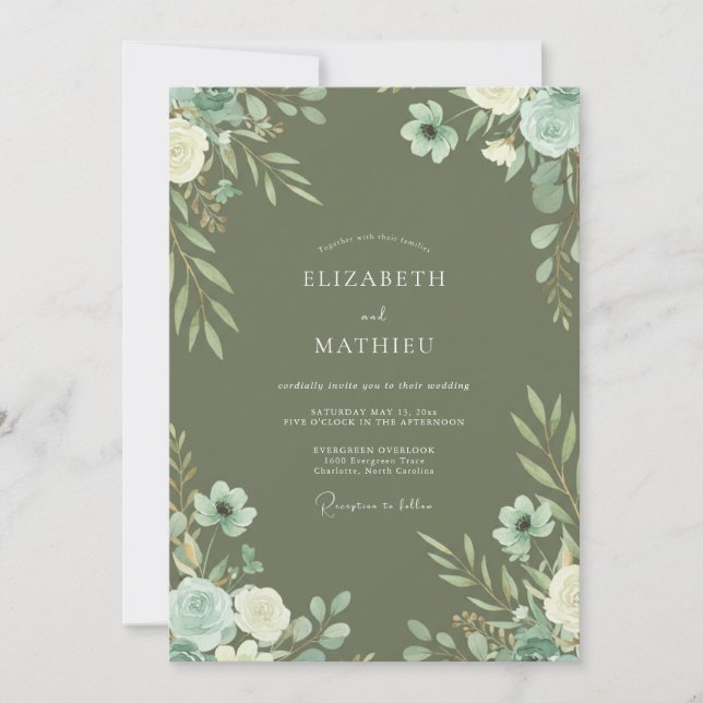 Invitation Mariage Fleur Sauvage Olive Menthe (Devant)