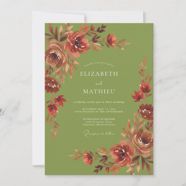 Invitation Mariage Fleur Sauvage Olive Rouille (Devant)
