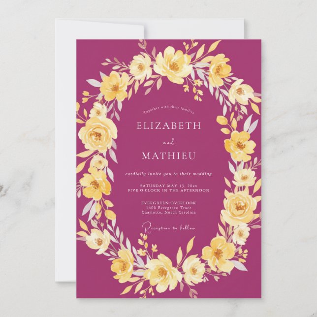 Invitation Mariage Fleur Sauvage Or Magenta (Devant)