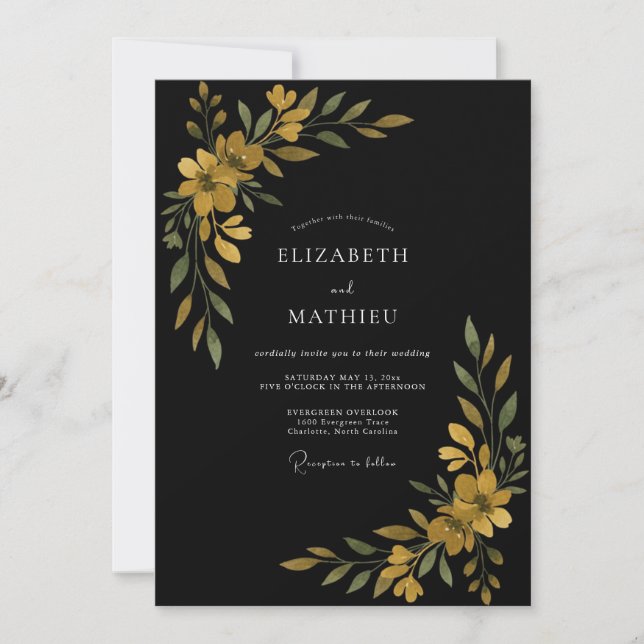 Invitation Mariage Fleur Sauvage Or Noir (Devant)