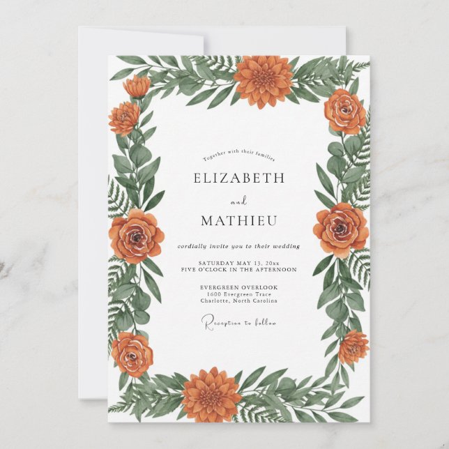 Invitation Mariage Fleur Sauvage Orange Brûlé Peint à la Main (Devant)