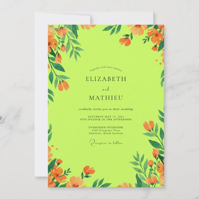 Invitation Mariage Fleur Sauvage Orange Chartreuse (Devant)