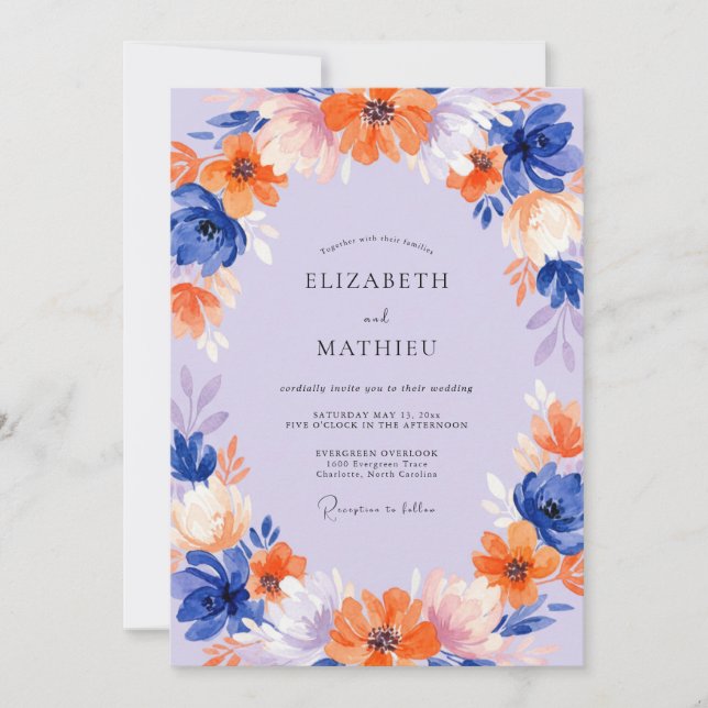 Invitation Mariage Fleur Sauvage Orange Cobalt (Devant)