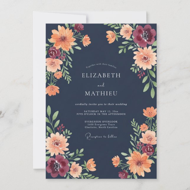 Invitation Mariage Fleur Sauvage Orange de Minuit (Devant)