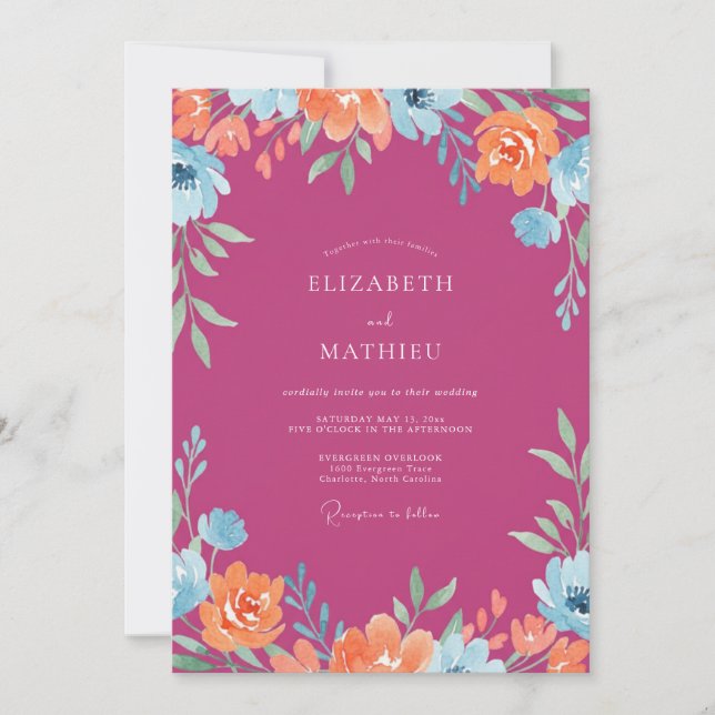 Invitation Mariage Fleur Sauvage Orange Fuchsia (Devant)