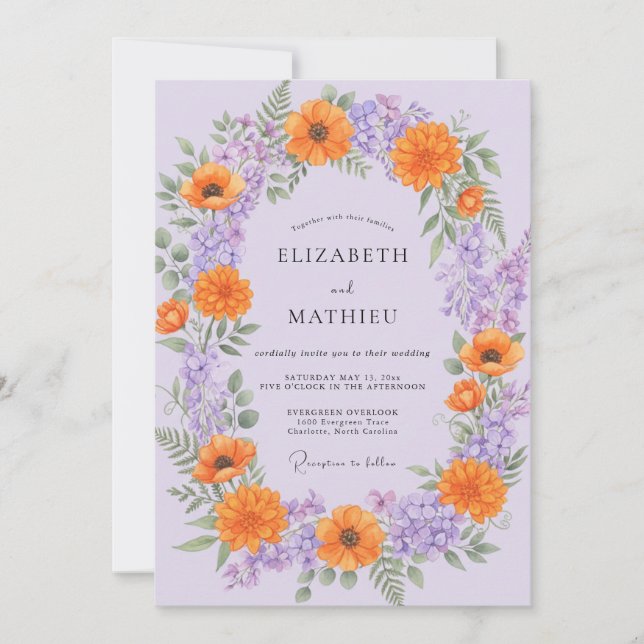 Invitation Mariage Fleur Sauvage Orange Lilas (Devant)