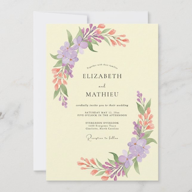 Invitation Mariage Fleur Sauvage Papillon de Corail Lavande (Devant)