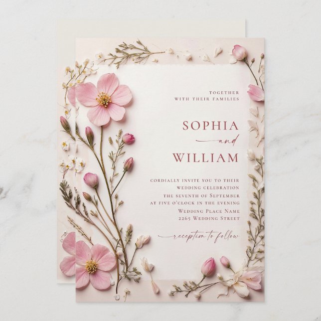 Invitation Mariage Fleur sauvage Pastel Pink Blush Boho (Devant / Derrière)