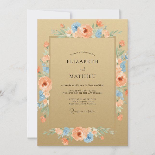 Invitation Mariage Fleur Sauvage Péché Céruléen (Devant)