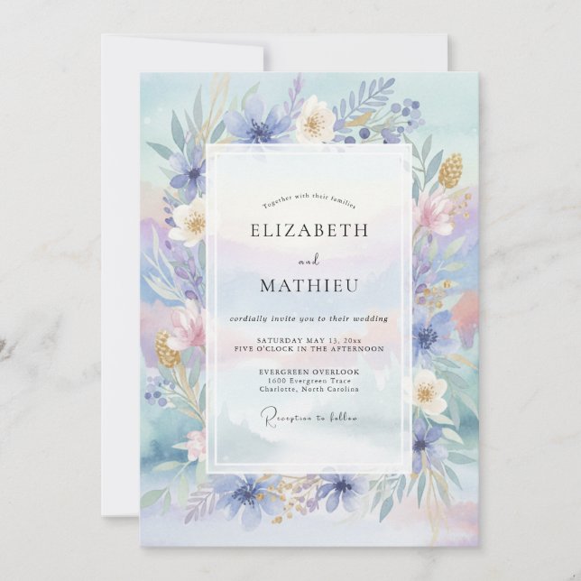 Invitation Mariage Fleur Sauvage Pêche Pervenche (Devant)