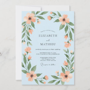 Invitation Mariage Fleur Sauvage Pêche Poudre Bleue