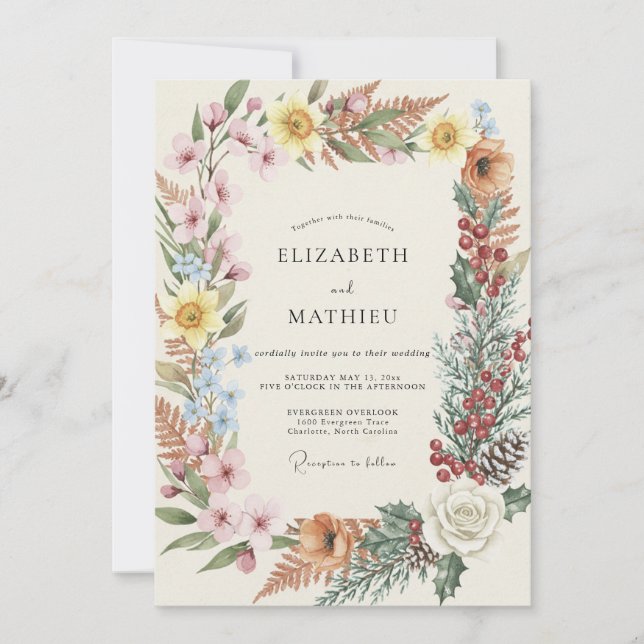Invitation Mariage Fleur Sauvage Pêche Terracotta Poussiéreus (Devant)