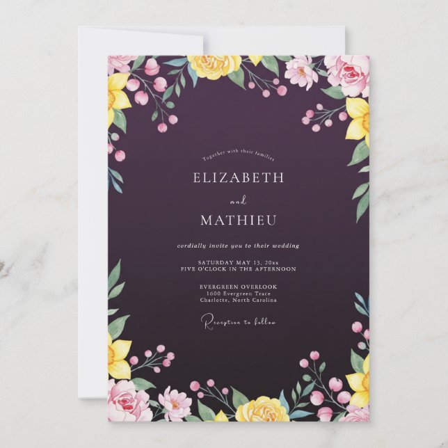 Invitation Mariage Fleur Sauvage Peinte Aubergine (Devant)