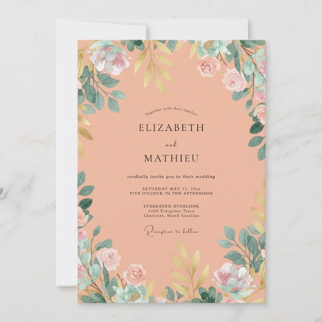 Invitation Mariage Fleur Sauvage Peinte Pêche Poussiéreuse (Devant)