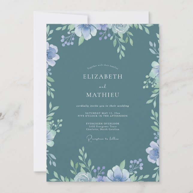 Invitation Mariage Fleur Sauvage Pervenche Acier (Devant)