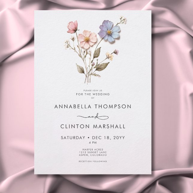 Invitation Mariage Fleur sauvage Pressé Moderne (Modern Pressed Pastel Wildflowers Wedding Invitation)