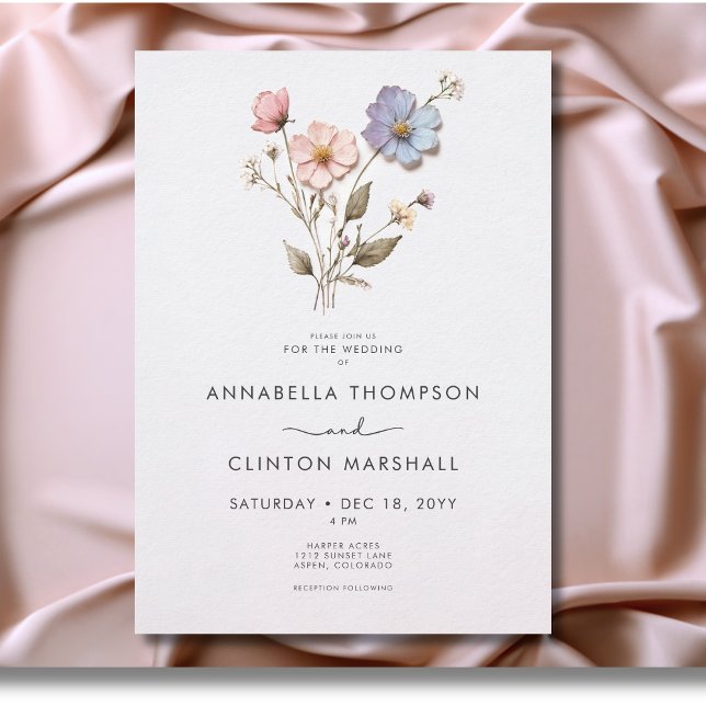 Invitation Mariage Fleur sauvage Pressé Moderne (Modern Pressed Pastel Wildflowers Wedding Invitation)