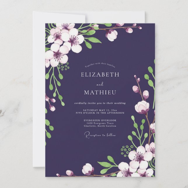 Invitation Mariage Fleur Sauvage Prune Foncé (Devant)